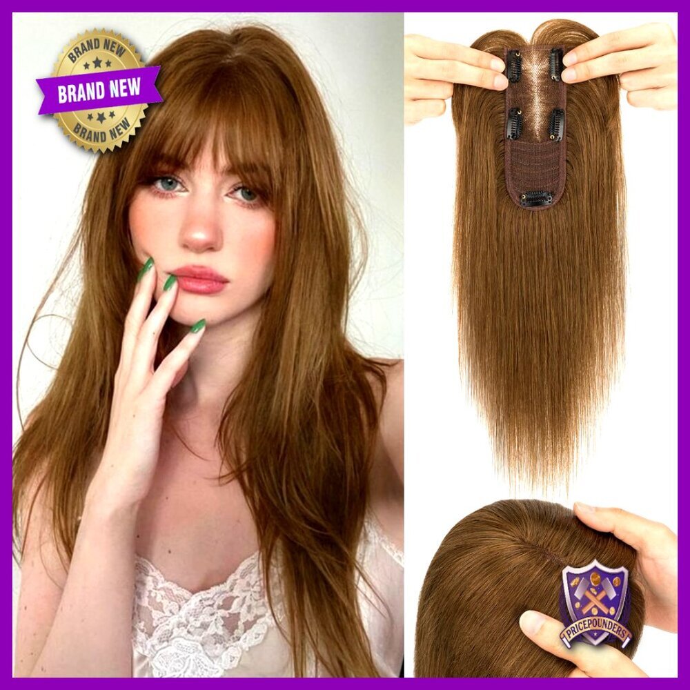 Human Hair Topper with Bangs Clip-In Hairpiece for Thinning Hairline 14 Inch